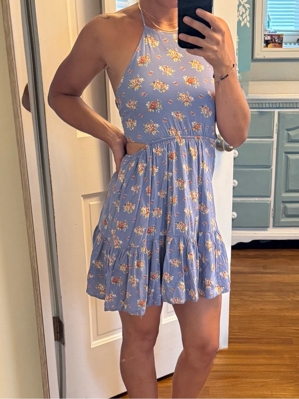Altar’d State Light Blue Floral Halter Minidress